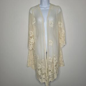 Daytrip cream open knit embroidered festival boho open front kimono cardigan med